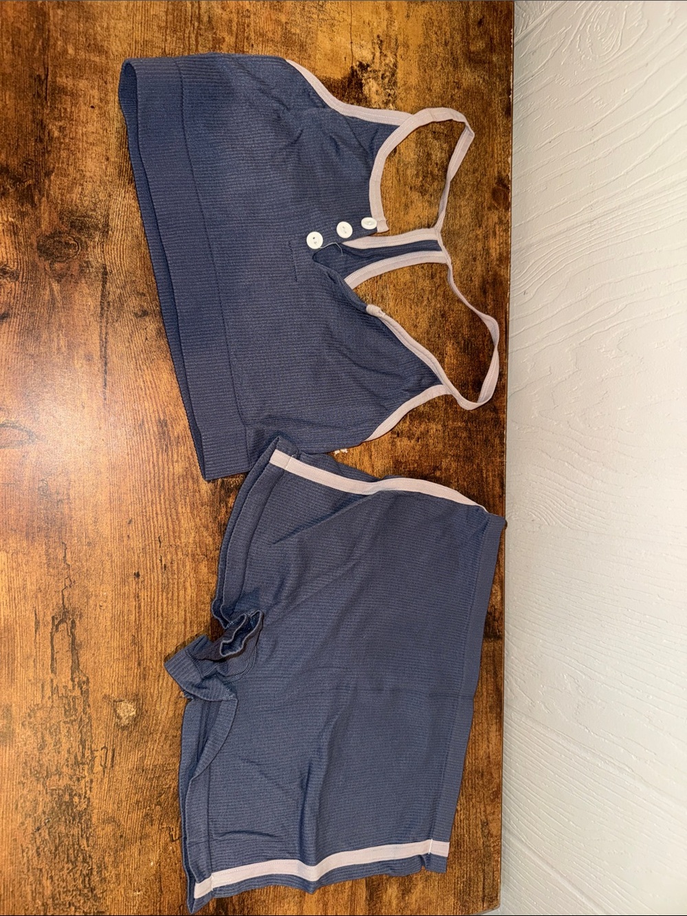 Blue Ribbed Sleep Set with Pale Pink Trim